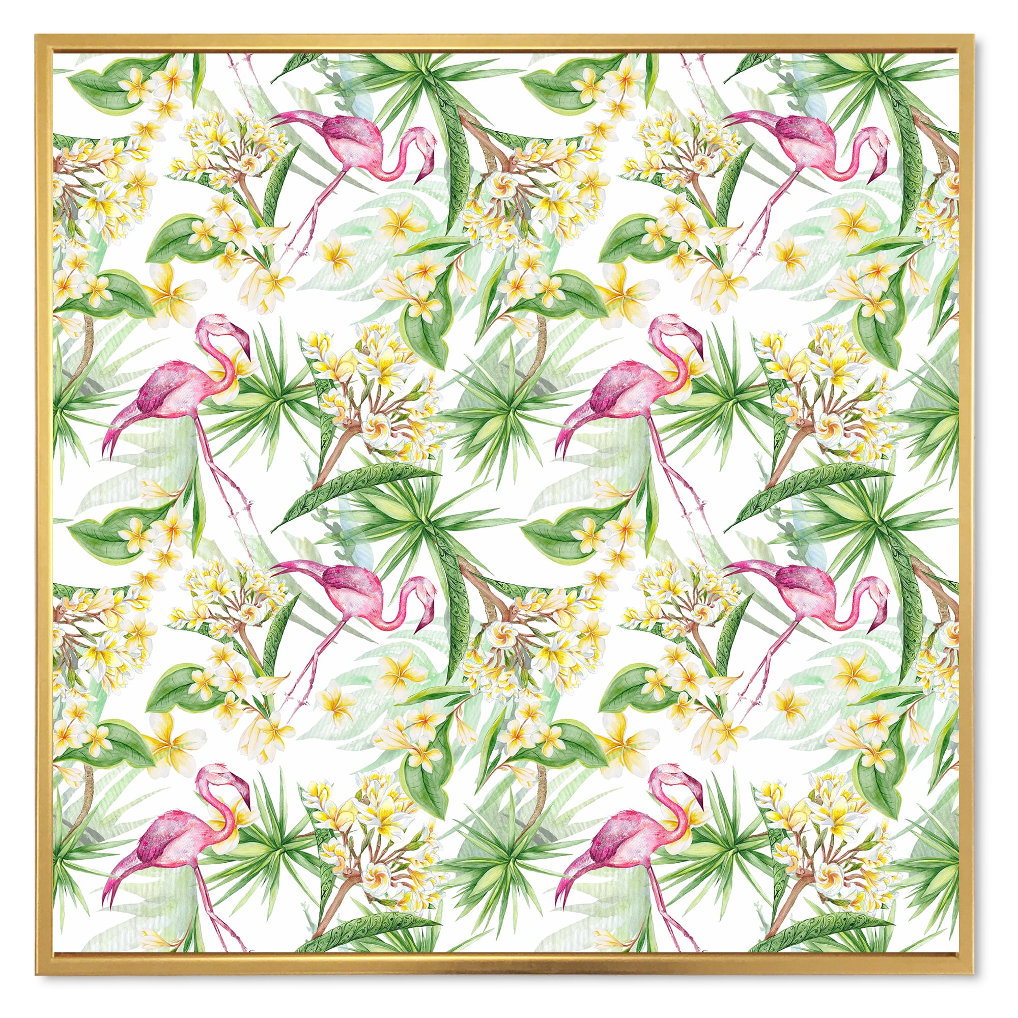 Designart 'Yellow Flowers, Tropical Foliage With Flamingo IV' Modern Framed Canvas Wall Art Print