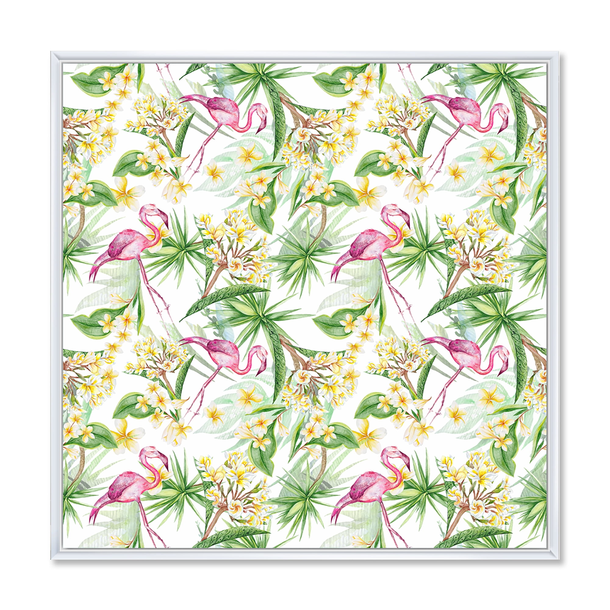 Designart 'Yellow Flowers, Tropical Foliage With Flamingo IV' Modern Framed Canvas Wall Art Print