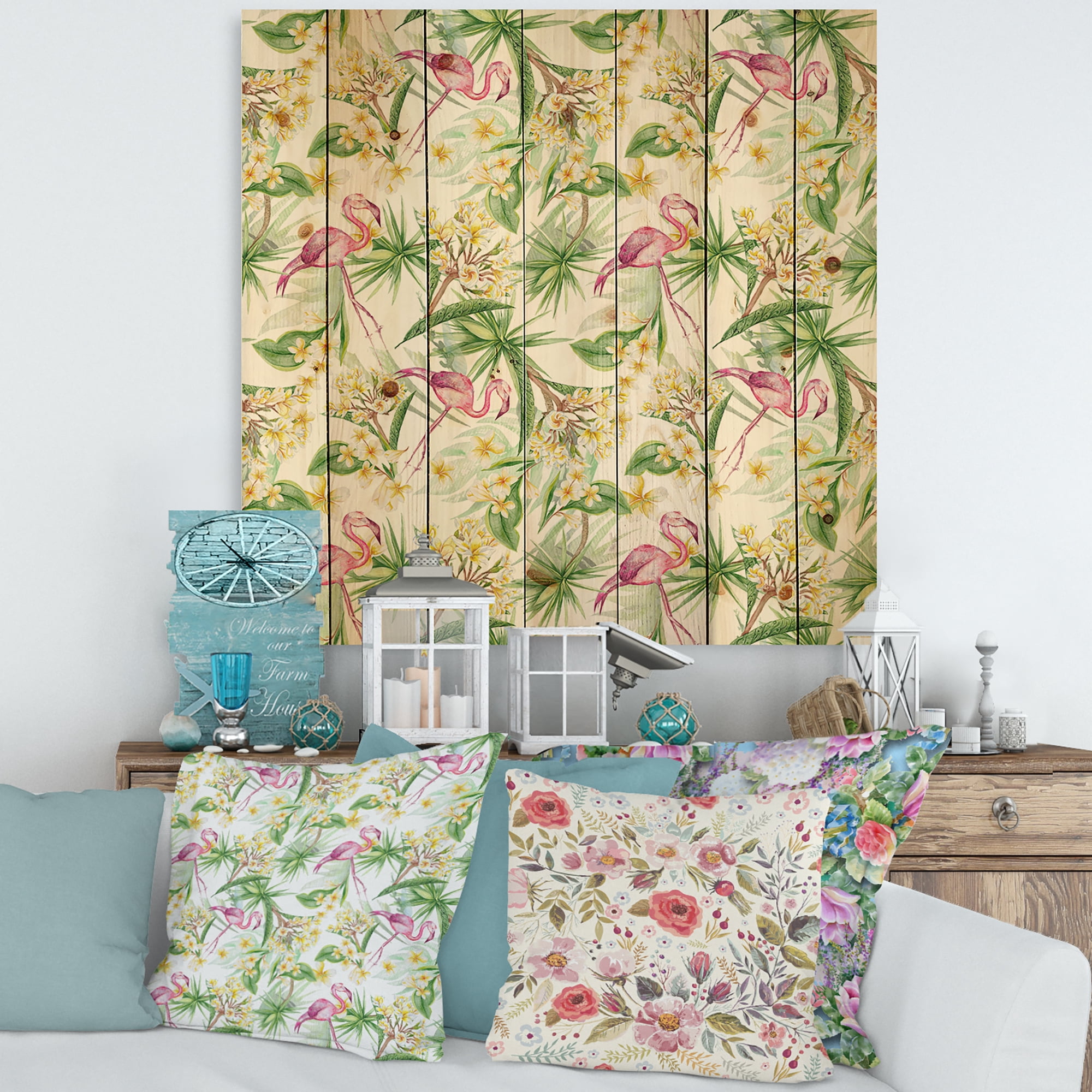 Designart 'Yellow Flowers, Tropical Foliage With Flamingo IV' Modern Print on Natural Pine Wood