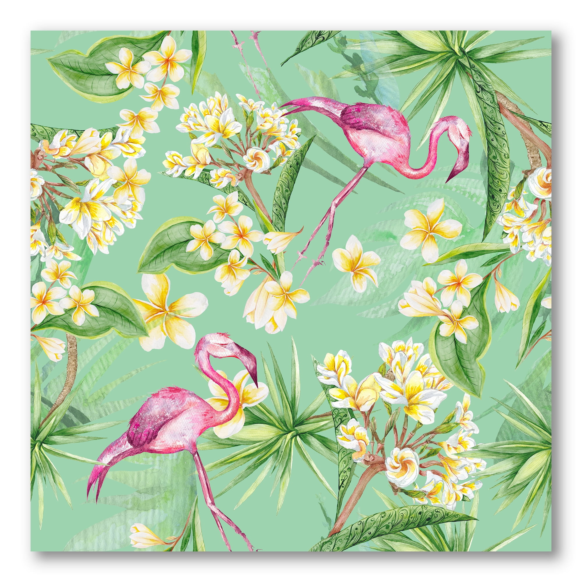 Designart ' Yellow Flowers, Tropical Foliage With Flamingo V ' Traditional Canvas Wall Art Print