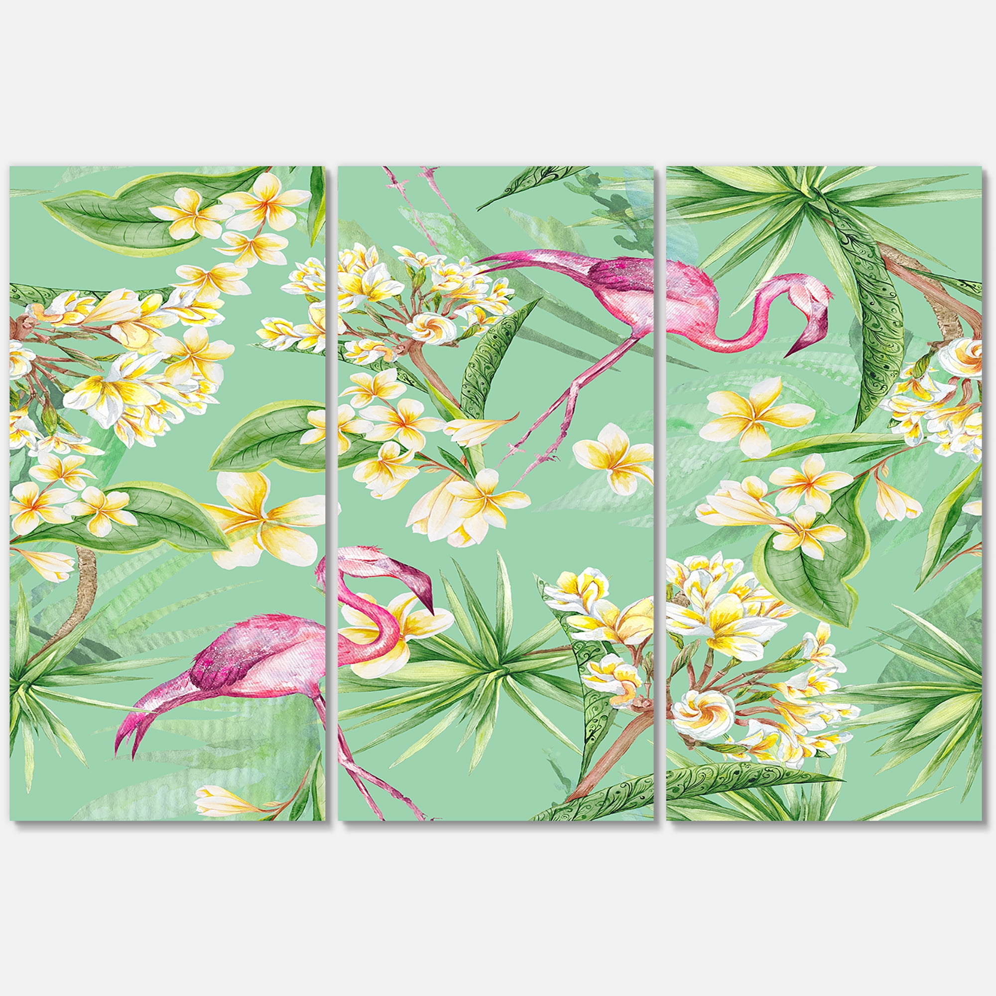 Designart ' Yellow Flowers, Tropical Foliage With Flamingo V ' Traditional Canvas Wall Art Print