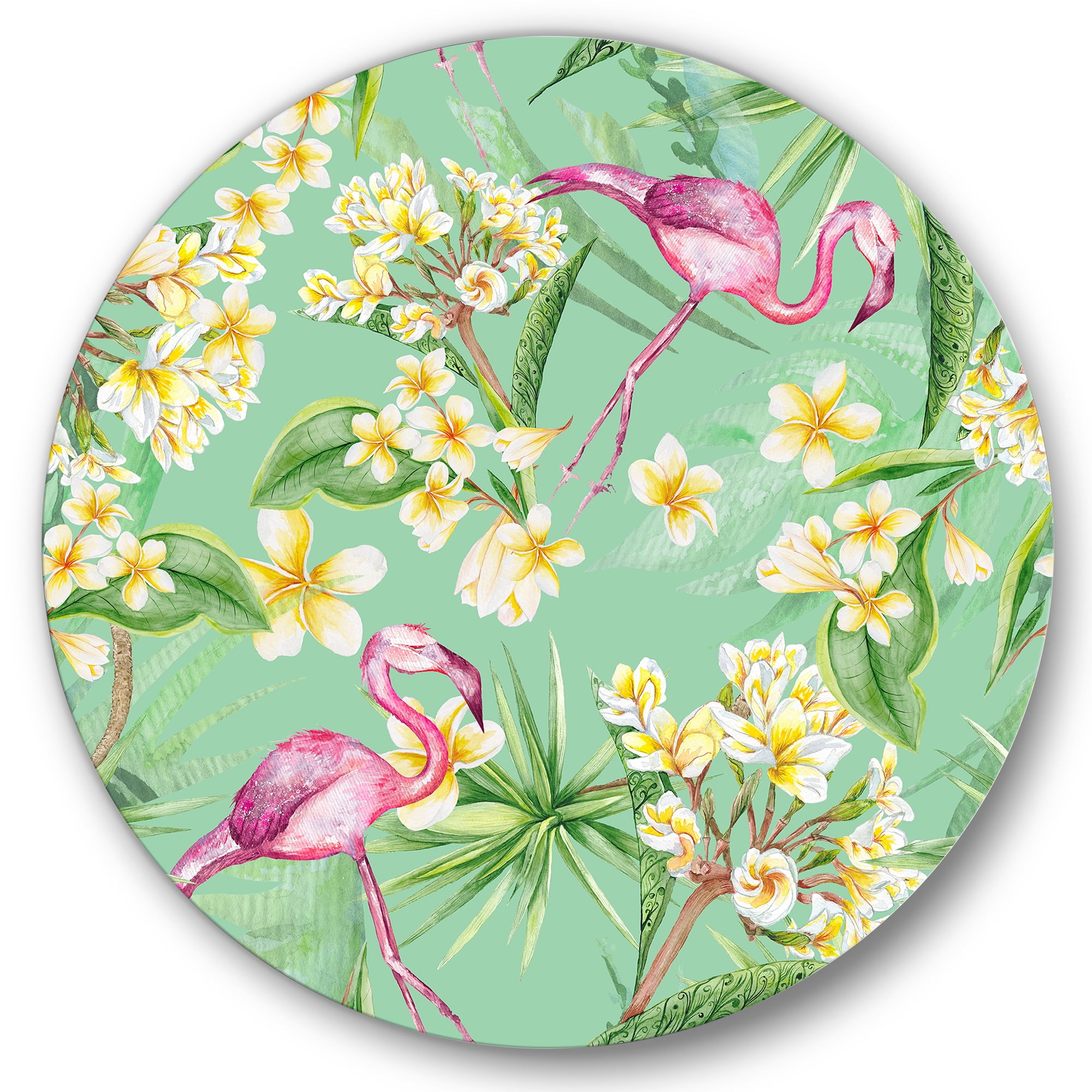 Designart 'Yellow Flowers, Tropical Foliage With Flamingo V' Traditional Circle Metal Wall Art 36x36 - Disc of 36