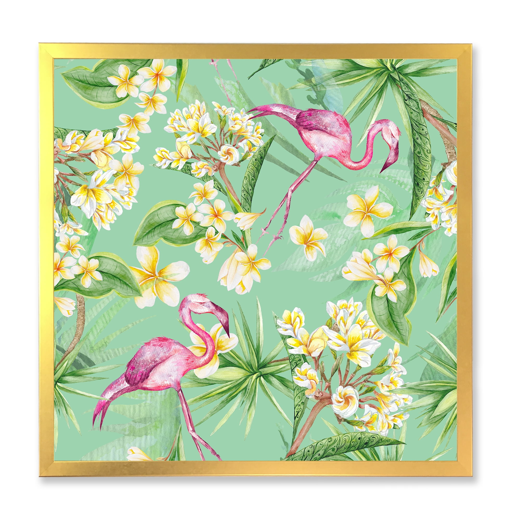 Designart 'Yellow Flowers, Tropical Foliage With Flamingo V' Traditional Framed Art Print