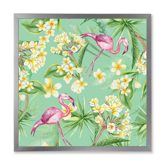 Designart 'Yellow Flowers, Tropical Foliage With Flamingo V' Traditional Framed Art Print