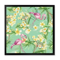 Designart 'Yellow Flowers, Tropical Foliage With Flamingo V' Traditional Framed Art Print