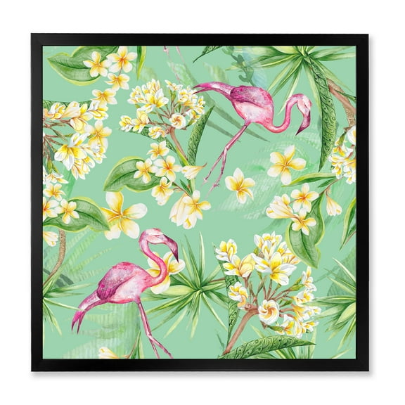 Designart 'Yellow Flowers, Tropical Foliage With Flamingo V' Traditional Framed Art Print