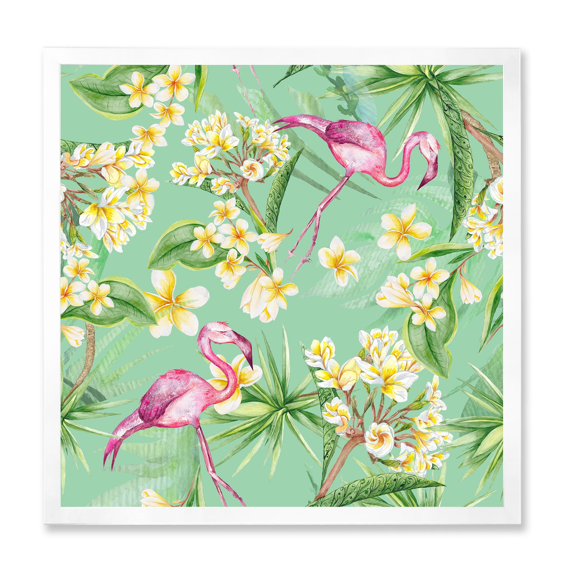 Designart 'Yellow Flowers, Tropical Foliage With Flamingo V' Traditional Framed Art Print