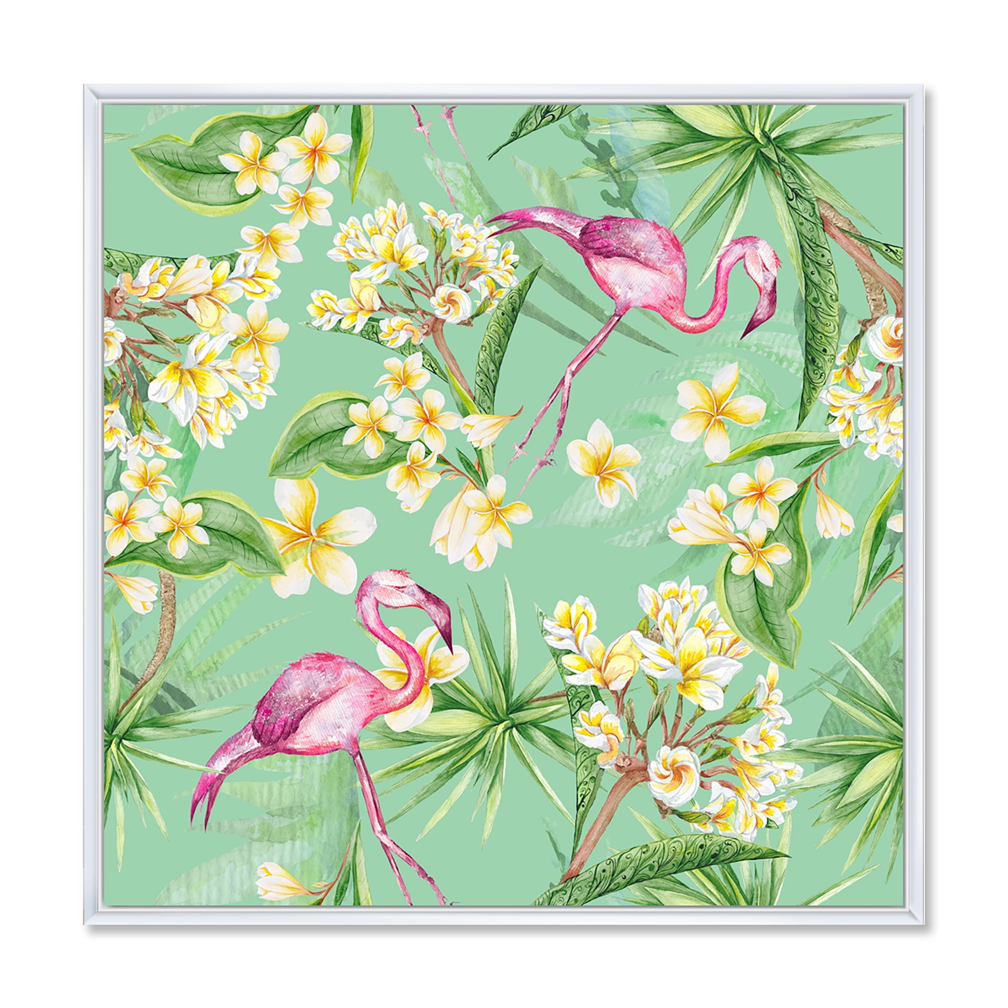 Designart 'Yellow Flowers, Tropical Foliage With Flamingo V' Traditional Framed Canvas Wall Art Print