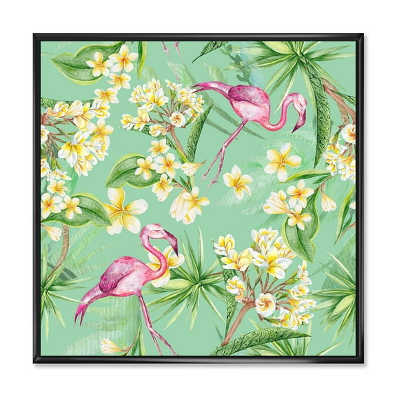 Designart 'Yellow Flowers, Tropical Foliage With Flamingo V' Traditional Framed Canvas Wall Art Print