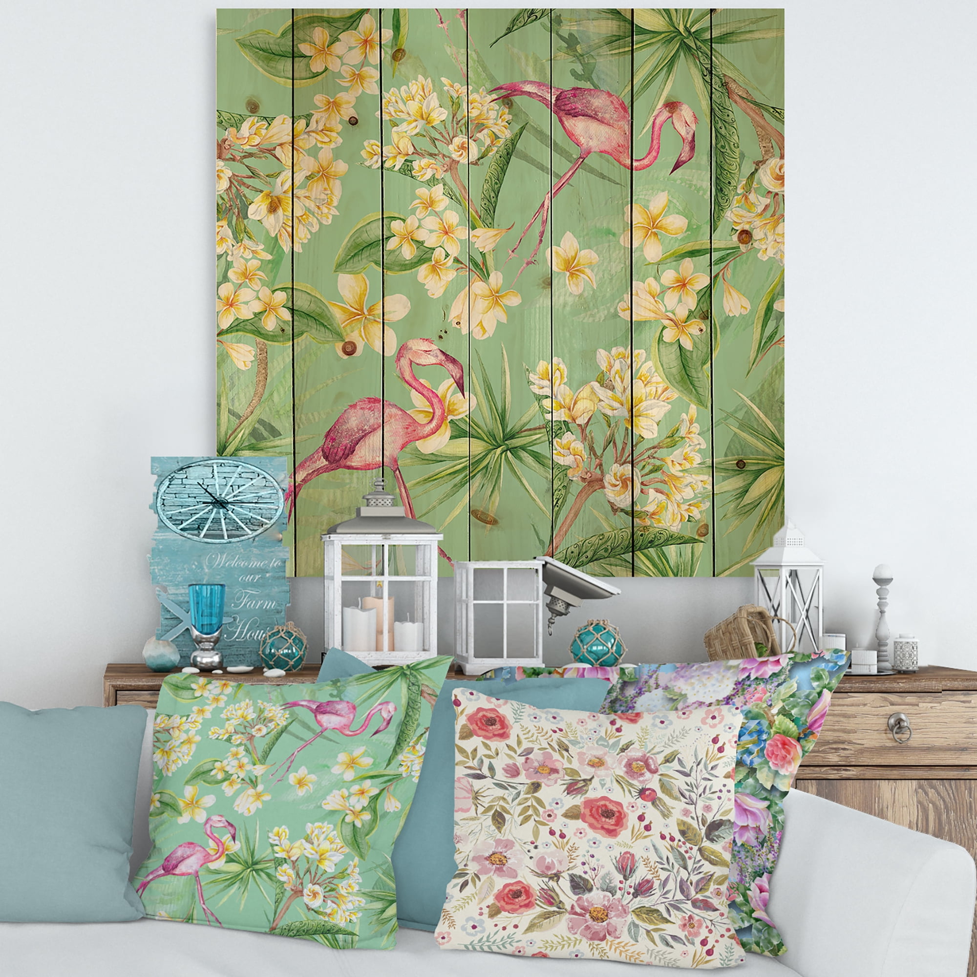 Designart 'Yellow Flowers, Tropical Foliage With Flamingo V' Traditional Print on Natural Pine Wood