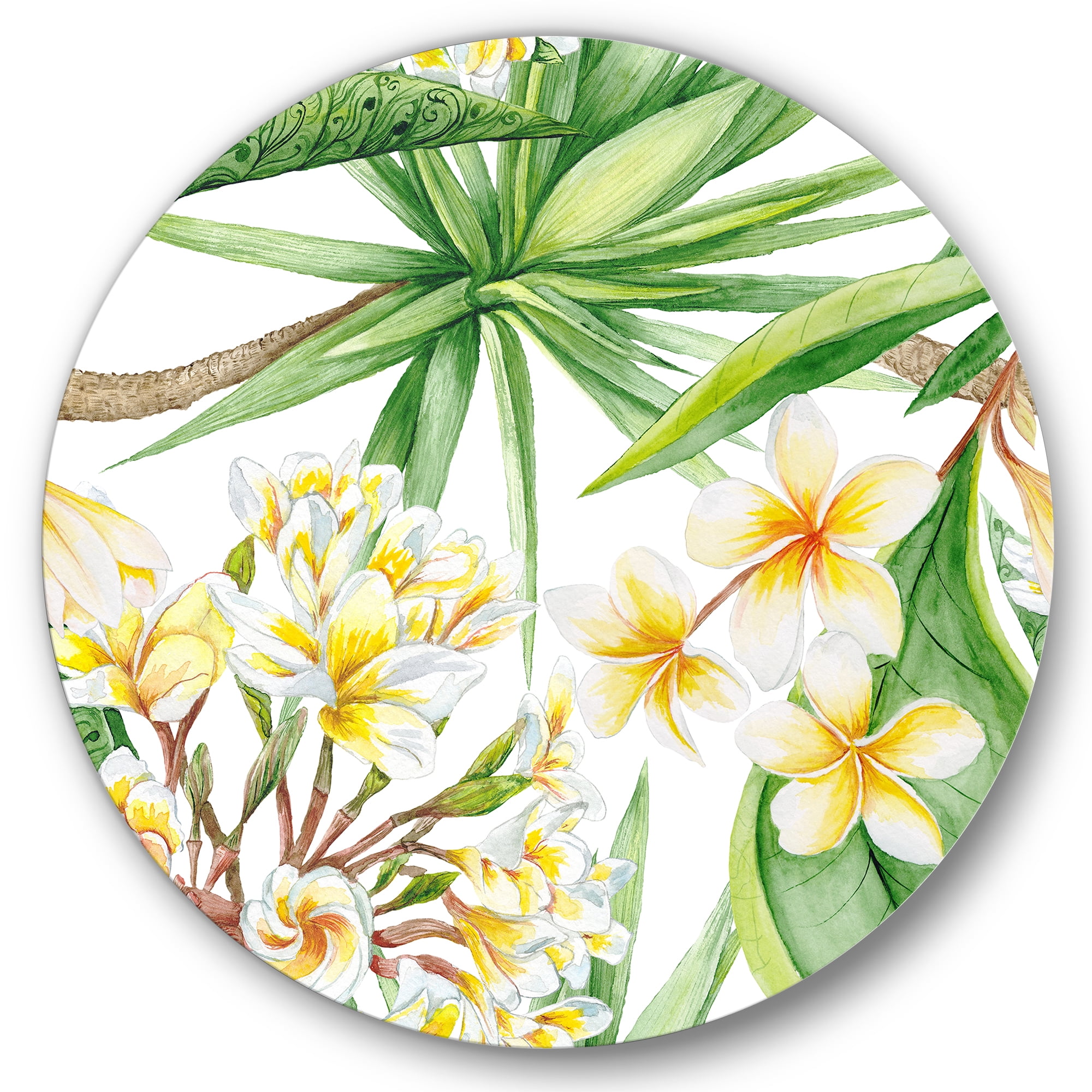 Designart 'Yellow Flowers and Tropical Foliage I' Modern Circle Metal Wall Art 36x36 - Disc of 36
