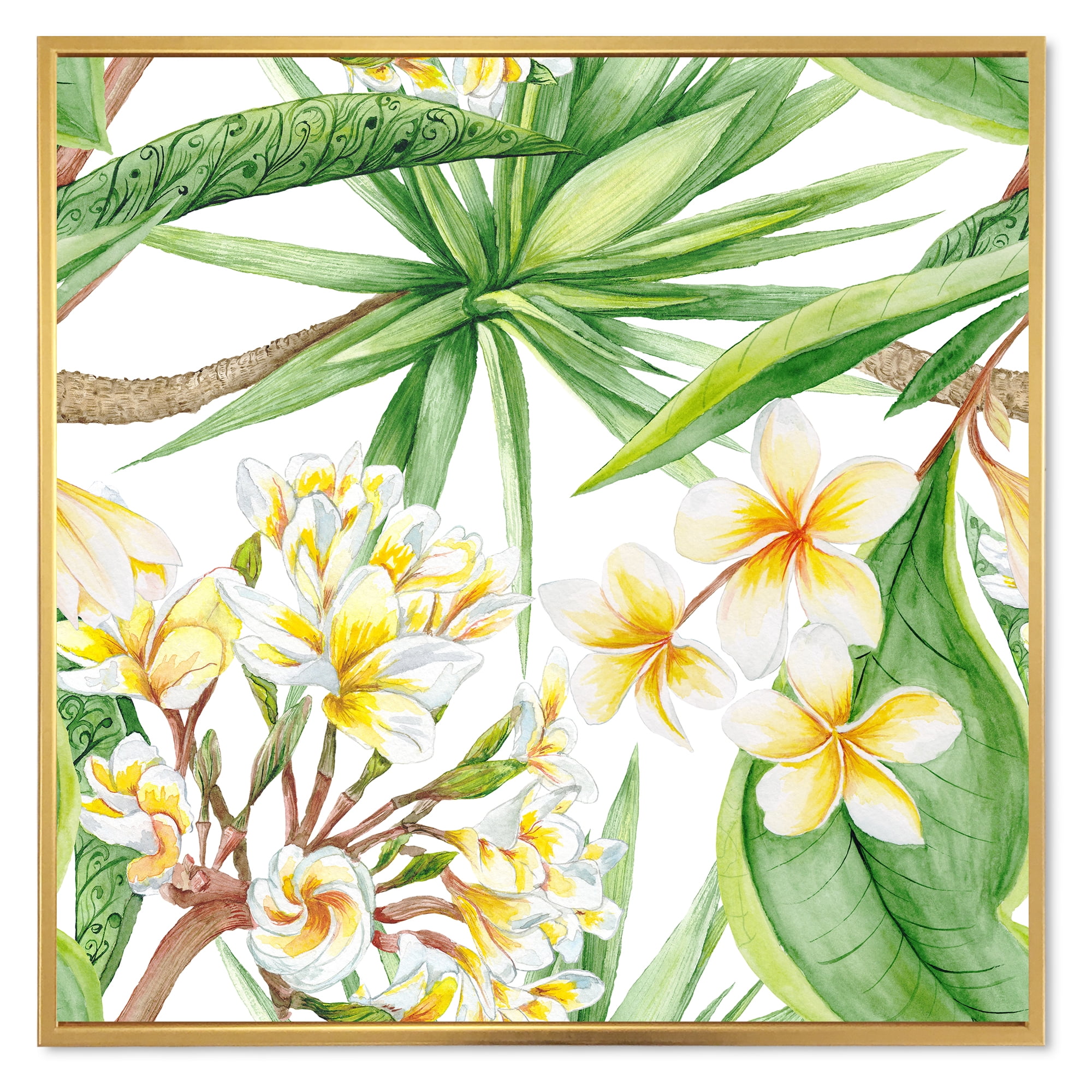 Designart 'Yellow Flowers and Tropical Foliage I' Modern Framed Canvas Wall Art Print