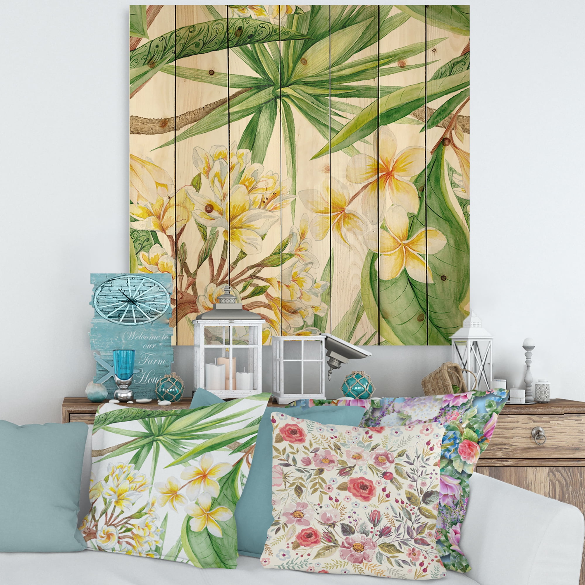 Designart 'Yellow Flowers and Tropical Foliage I' Modern Print on Natural Pine Wood