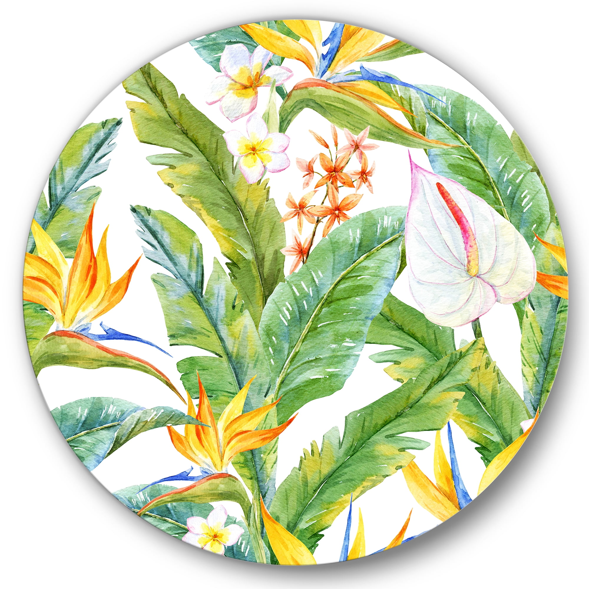 Designart 'Yellow Flowers and Tropical Foliage II' Modern Circle Metal Wall Art 29x29 - Disc of 29