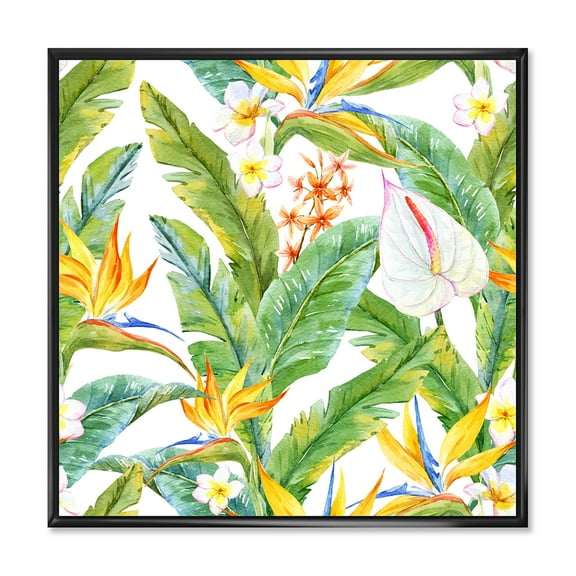 Designart 'Yellow Flowers and Tropical Foliage II' Modern Framed Canvas Wall Art Print