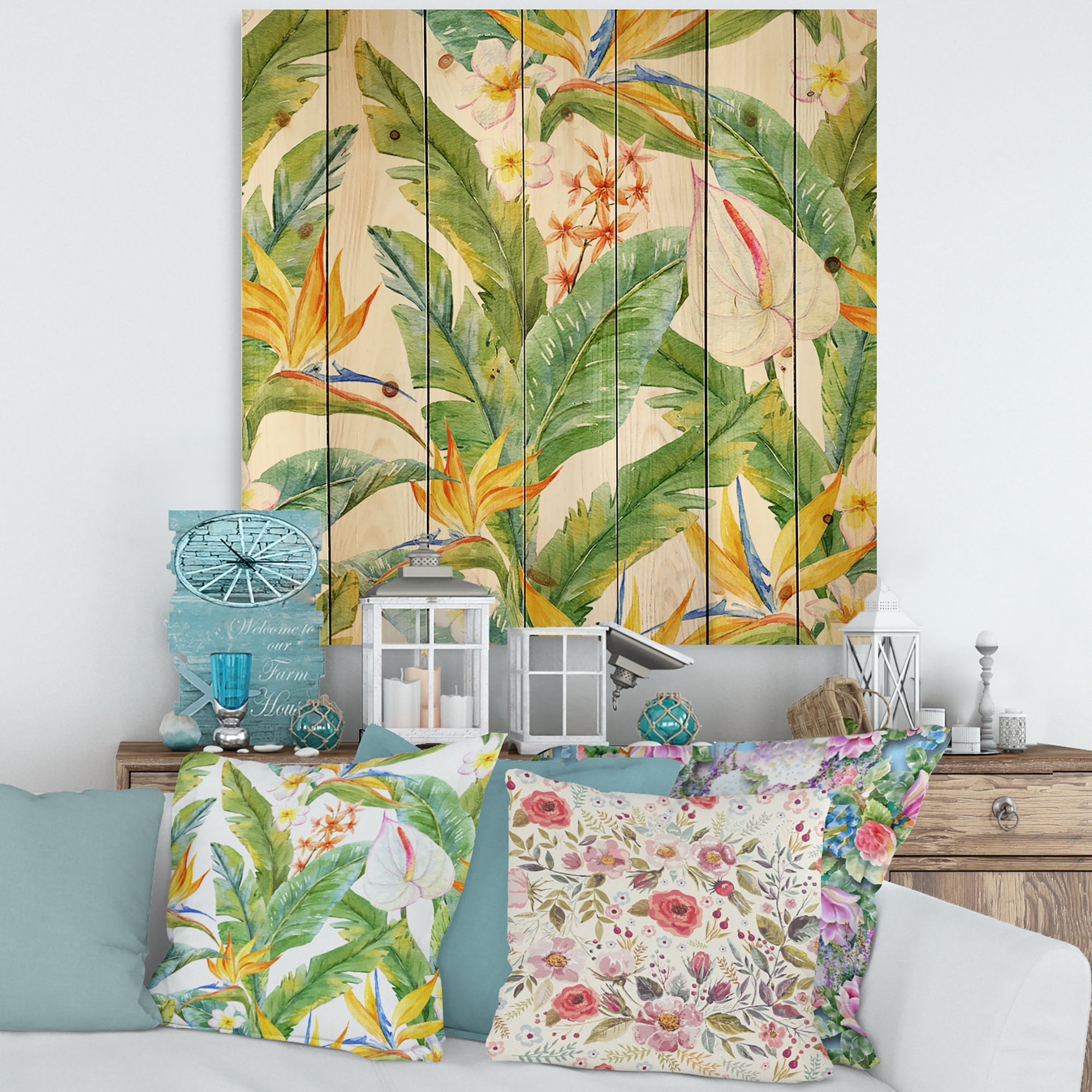 Designart 'Yellow Flowers and Tropical Foliage II' Modern Print on Natural Pine Wood