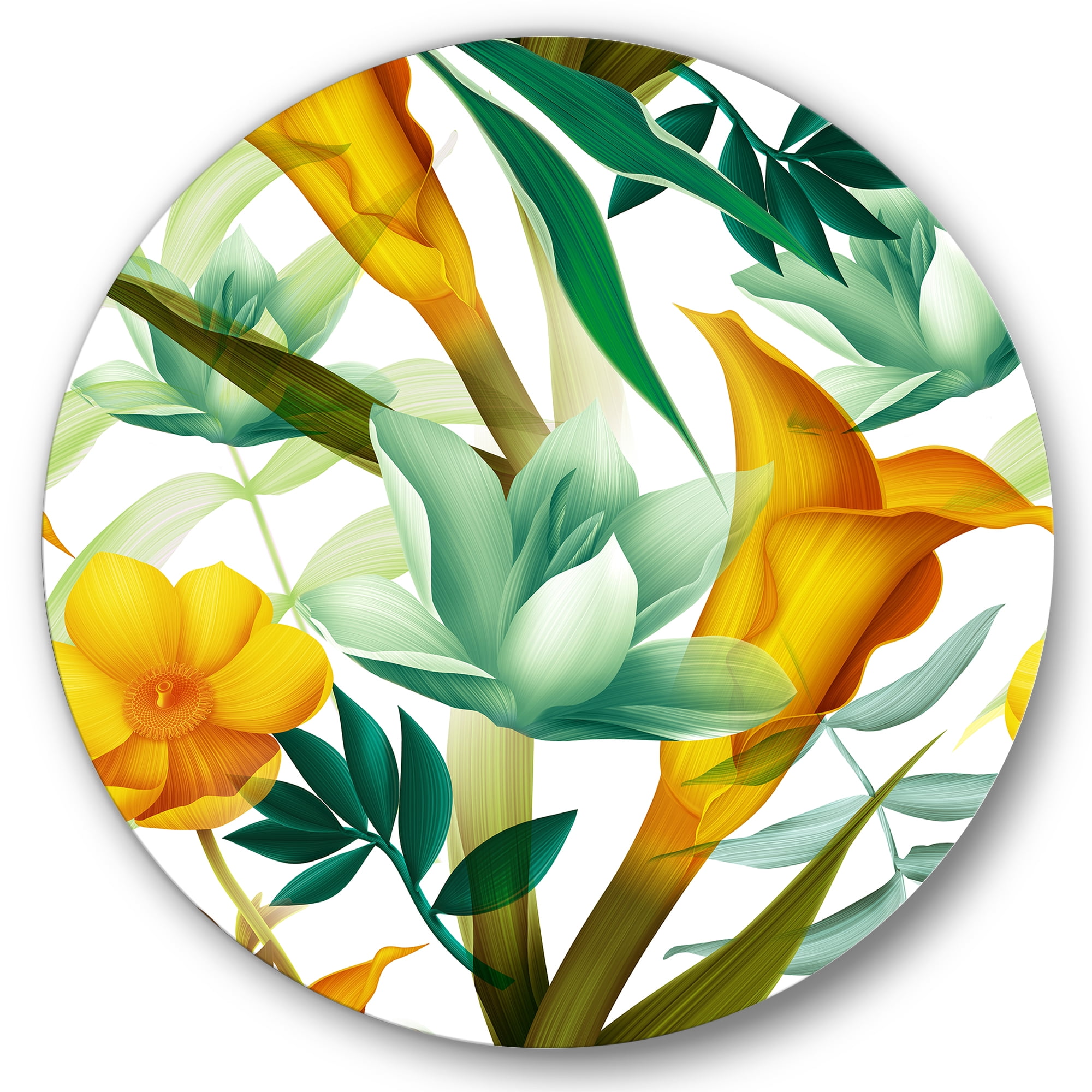 Designart 'Yellow Flowers and Tropical Foliage III' Modern Circle Metal Wall Art 36x36 - Disc of 36