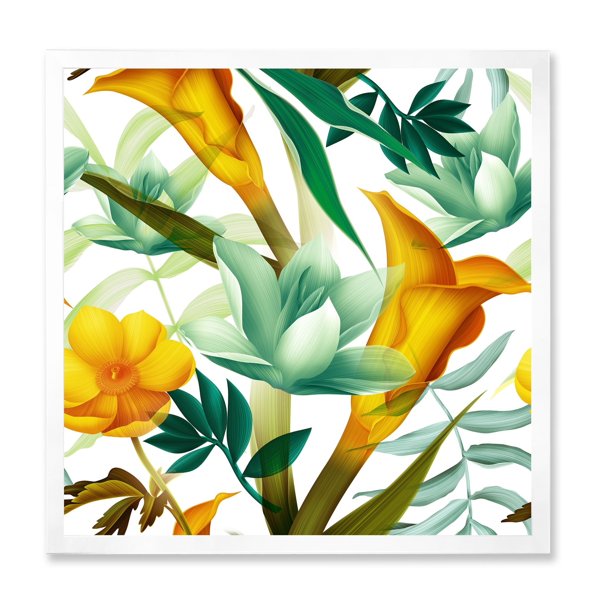 Designart 'Yellow Flowers and Tropical Foliage III' Modern Framed Art Print
