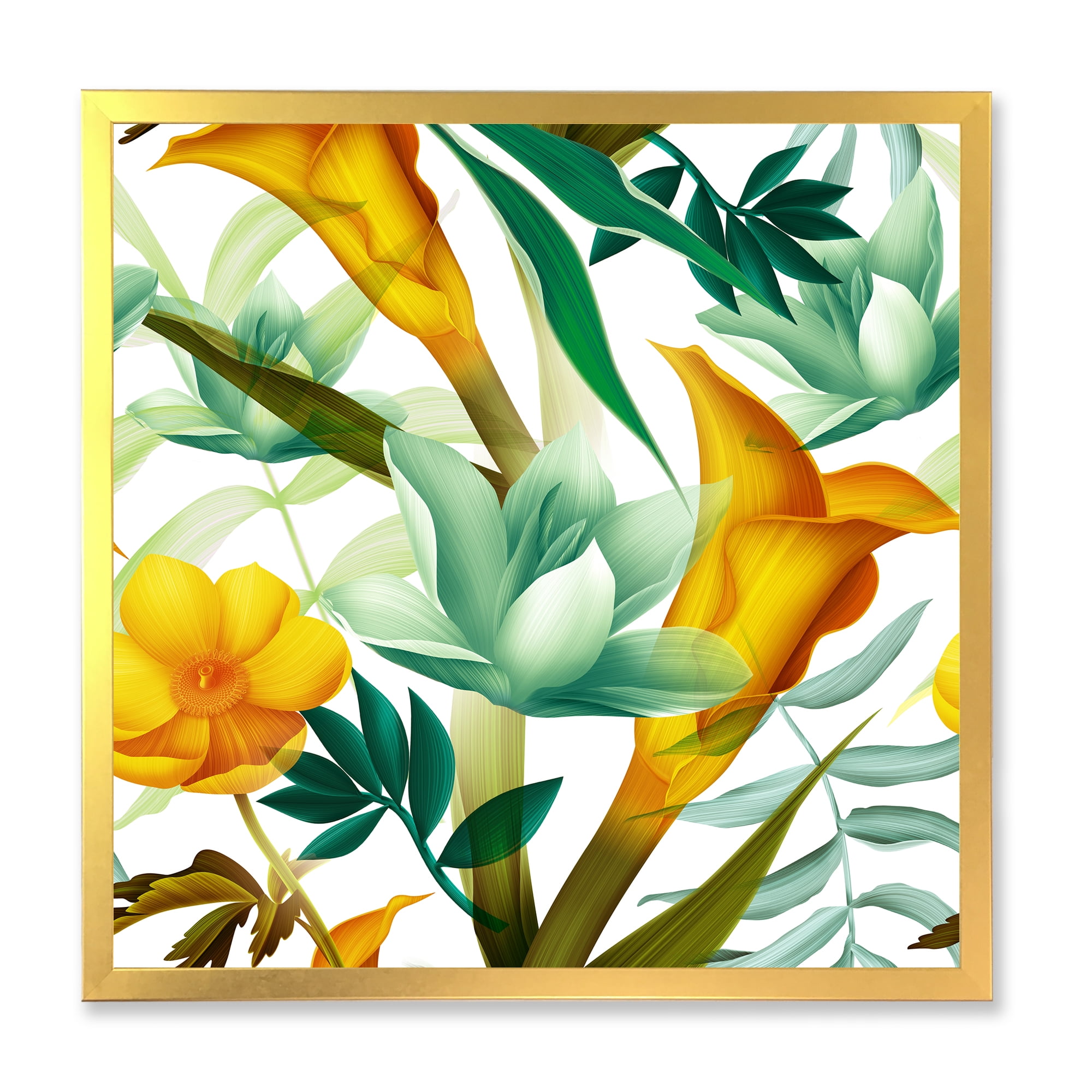 Designart 'Yellow Flowers and Tropical Foliage III' Modern Framed Art Print