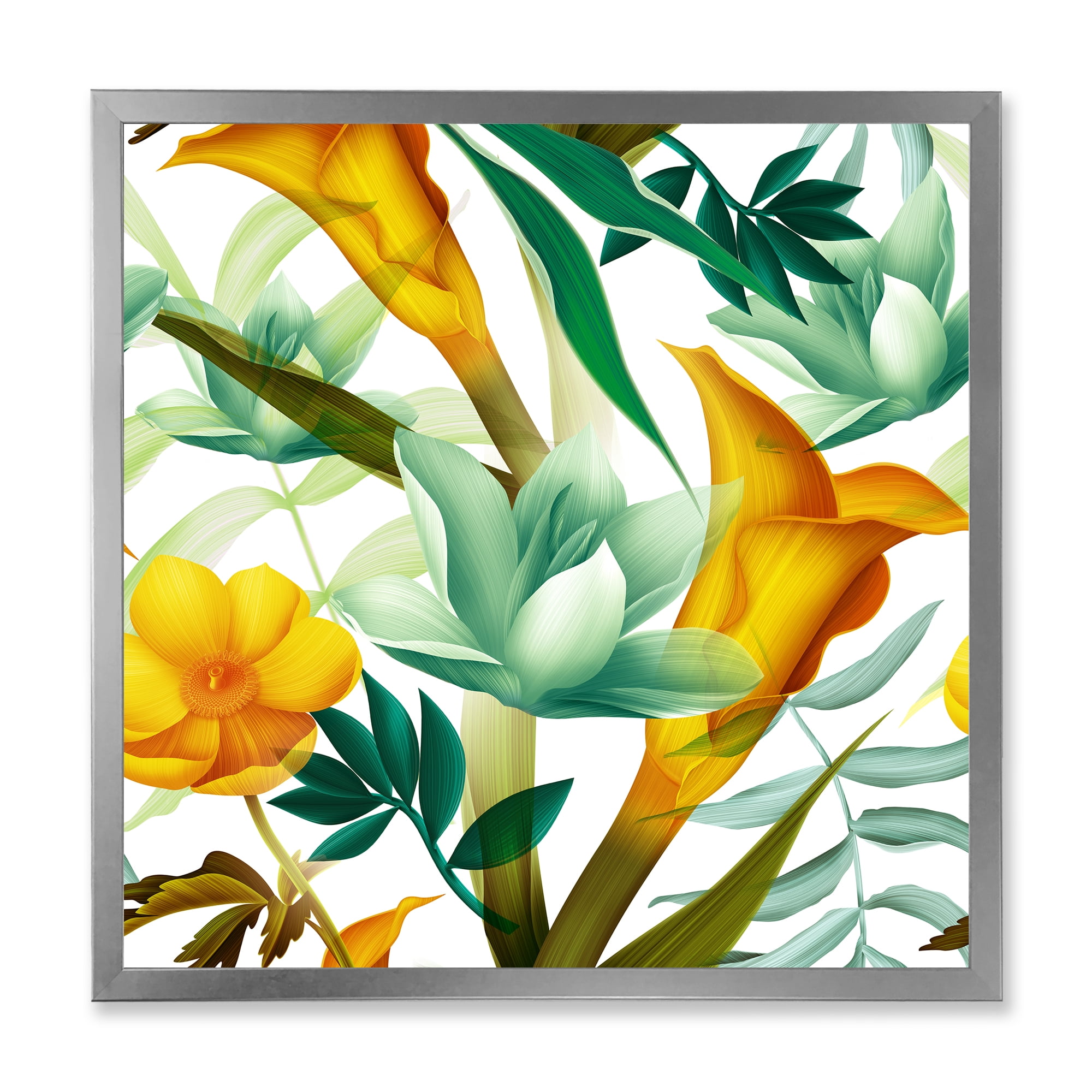 Designart 'Yellow Flowers and Tropical Foliage III' Modern Framed Art Print