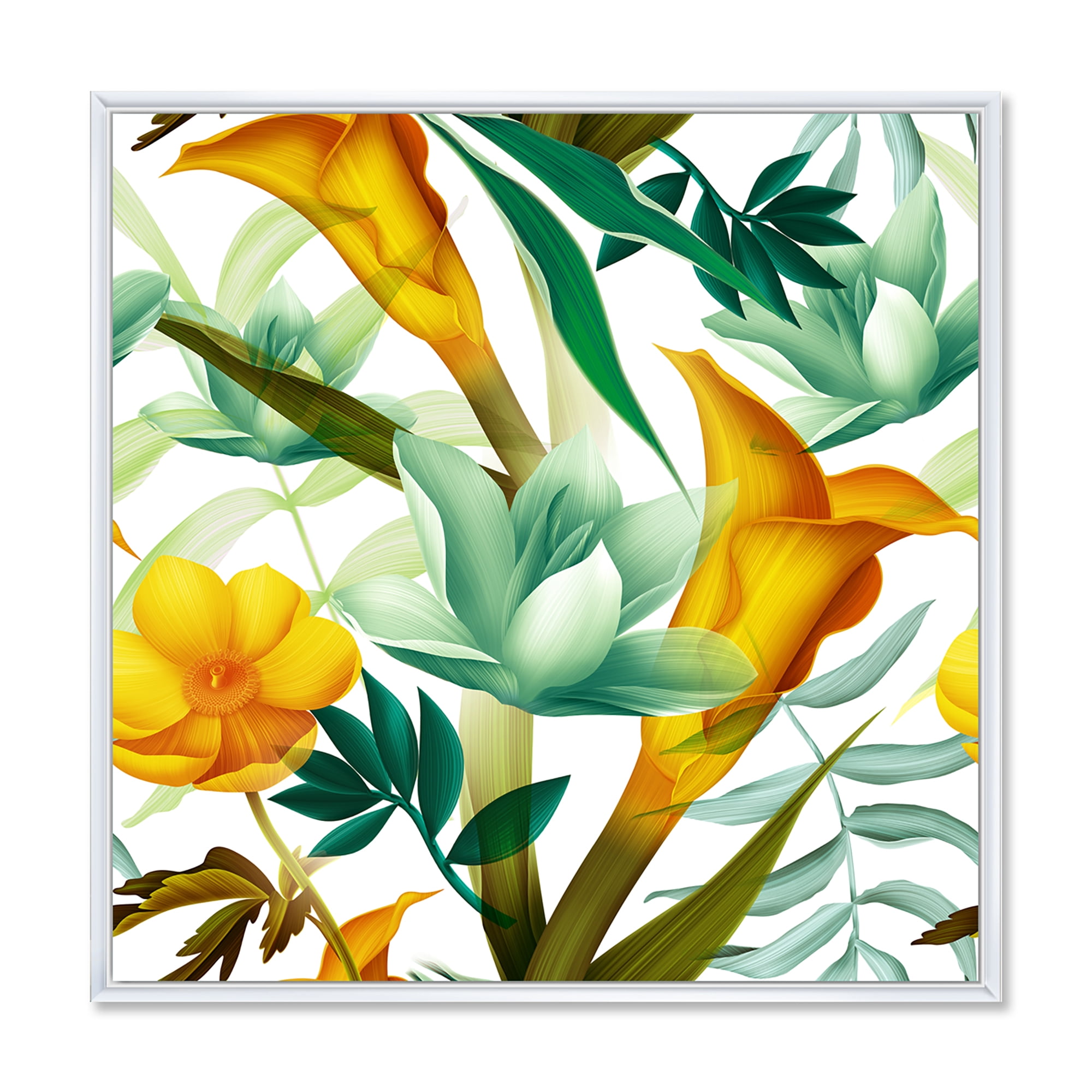 Designart 'Yellow Flowers and Tropical Foliage III' Modern Framed Canvas Wall Art Print
