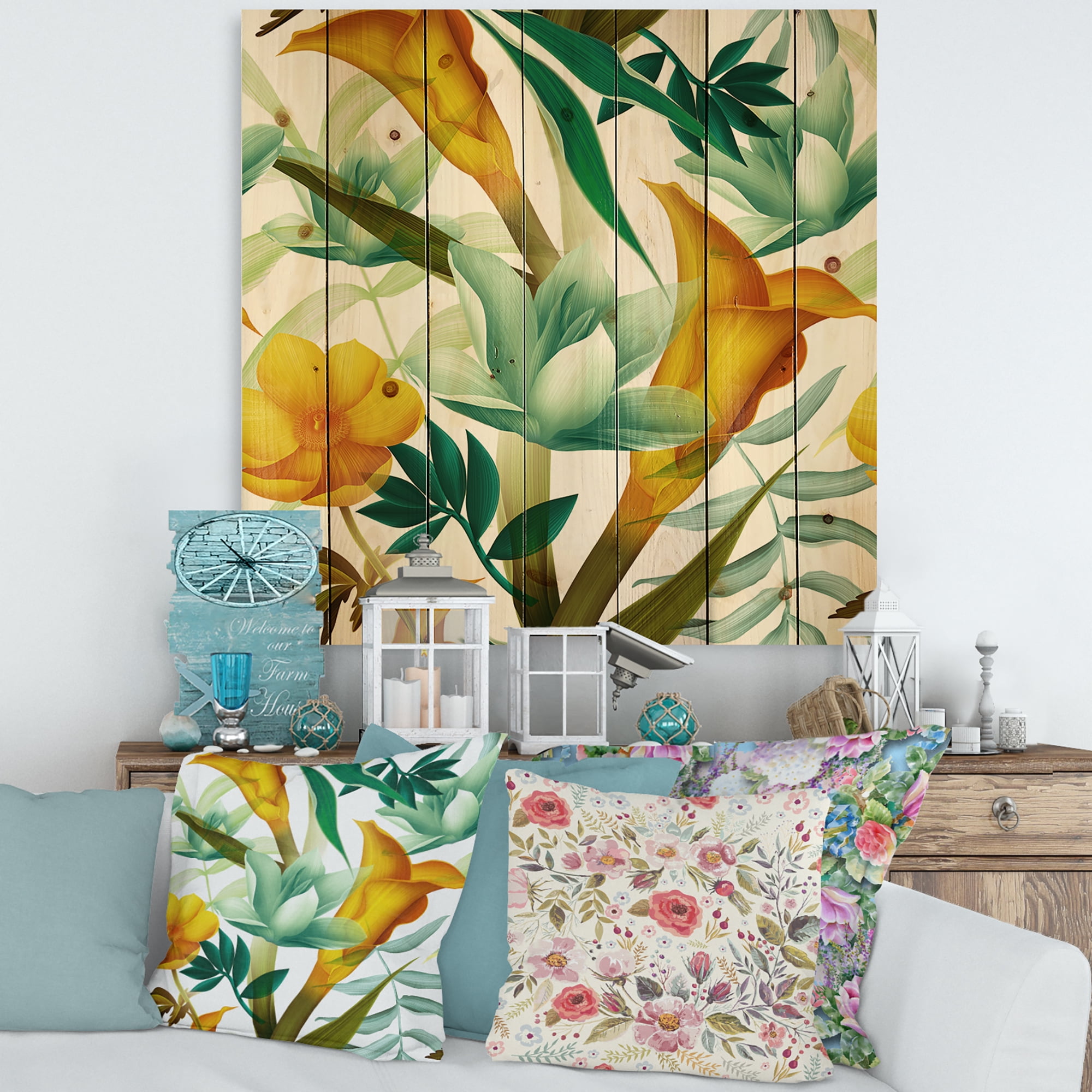 Designart 'Yellow Flowers and Tropical Foliage III' Modern Print on Natural Pine Wood