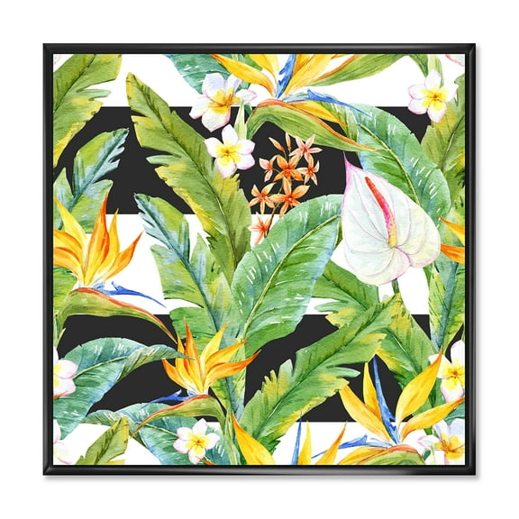 Designart 'Yellow Flowers and Tropical Foliage IV' Modern Framed Canvas Wall Art Print