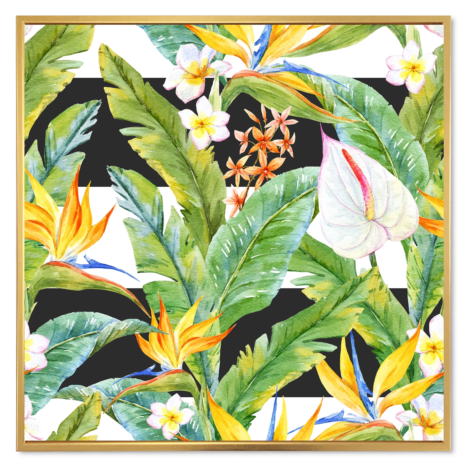 Designart 'Yellow Flowers and Tropical Foliage IV' Modern Framed Canvas Wall Art Print