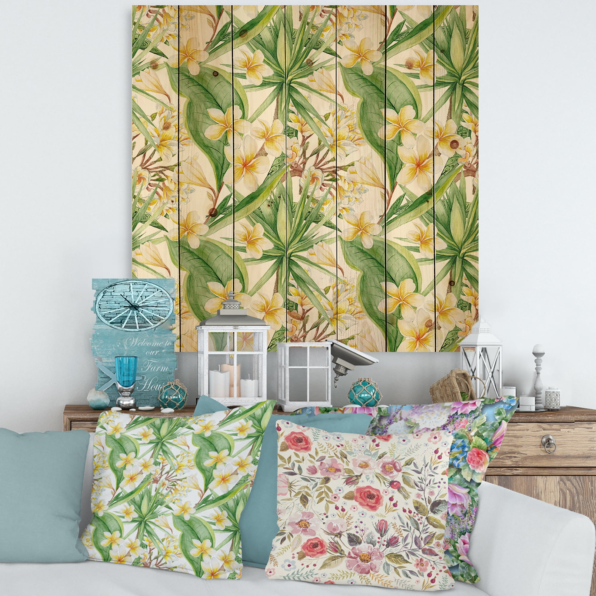 Designart 'Yellow Flowers and Tropical Foliage IX' Modern Print on Natural Pine Wood