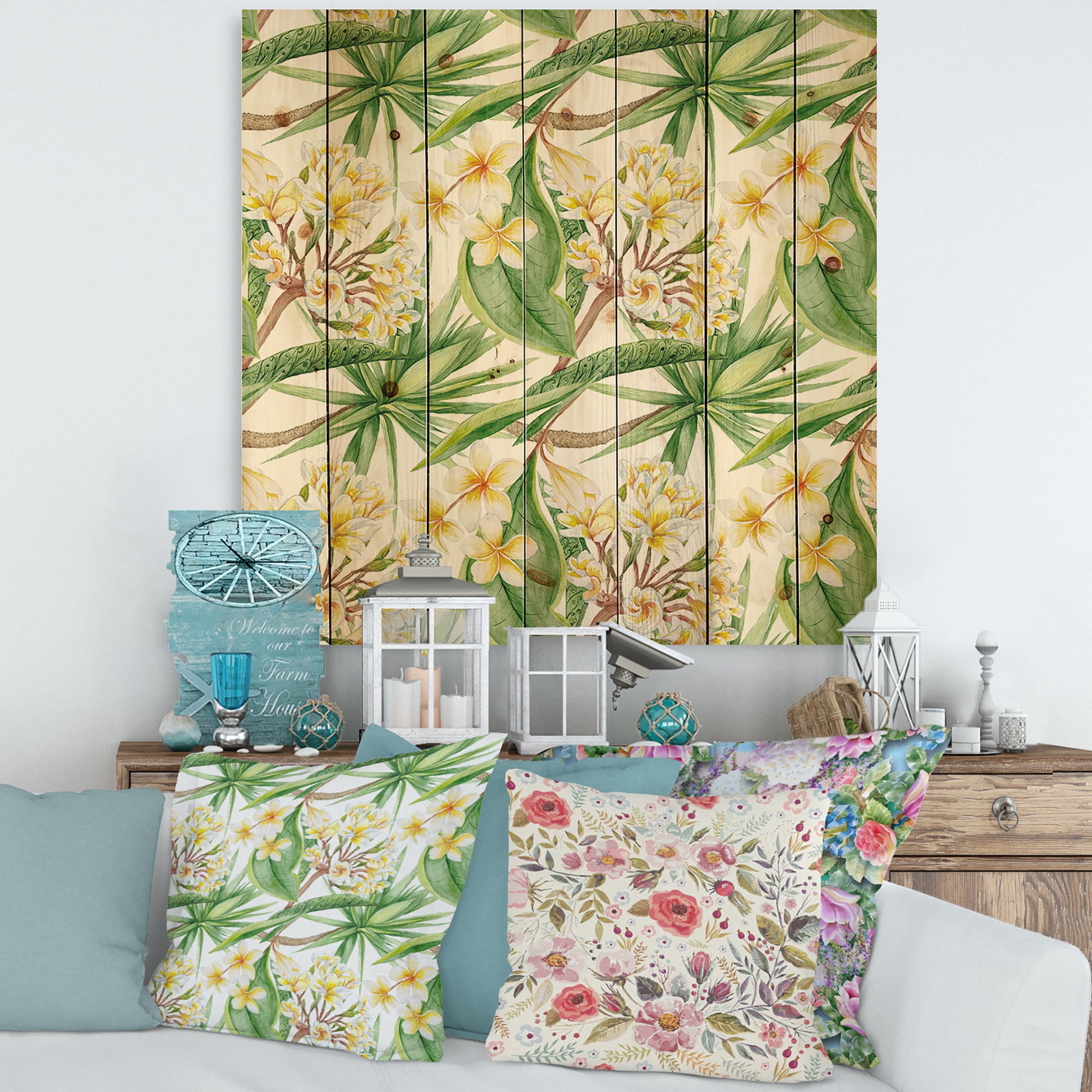 Designart 'Yellow Flowers and Tropical Foliage VI' Modern Print on Natural Pine Wood