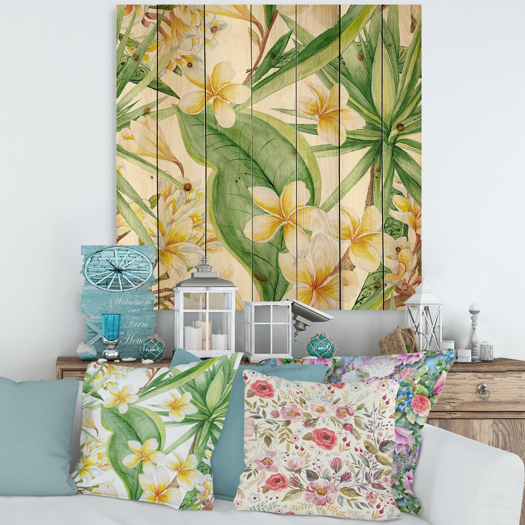 Designart 'Yellow Flowers and Tropical Foliage VII' Modern Print on Natural Pine Wood