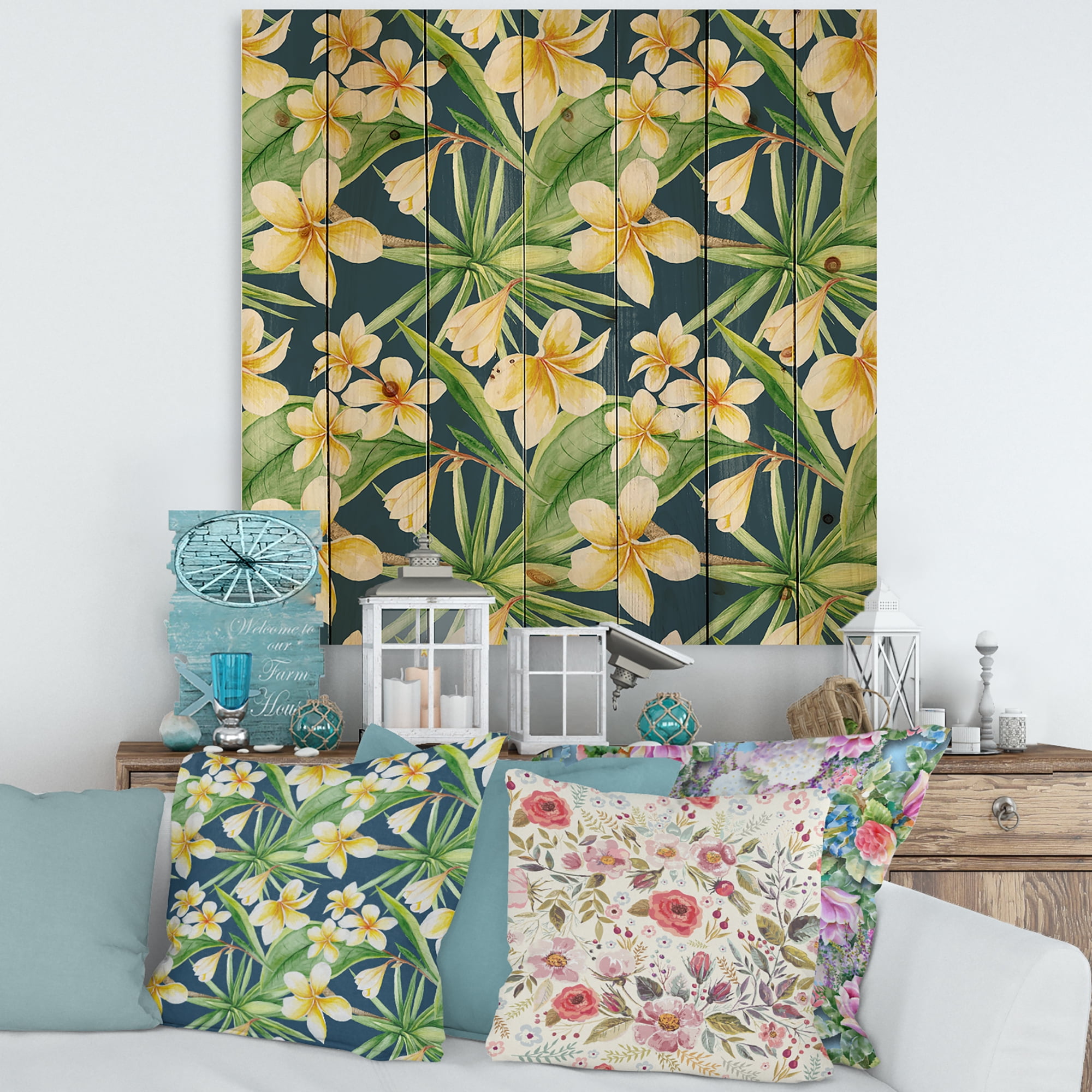 Designart 'Yellow Flowers and Tropical Foliage VIII' Modern Print on Natural Pine Wood