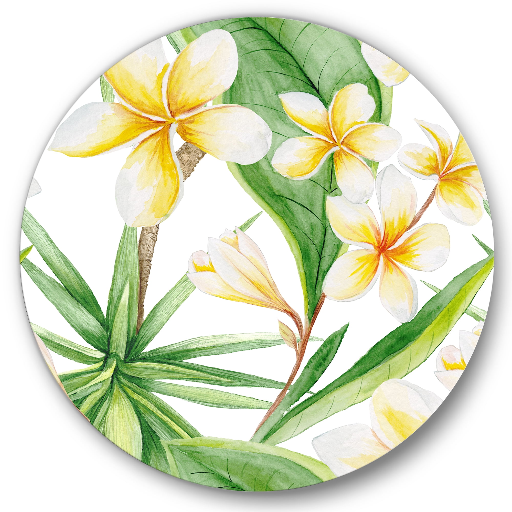 Designart 'Yellow Flowers and Tropical Foliage X' Traditional Circle Metal Wall Art 36x36 - Disc of 36
