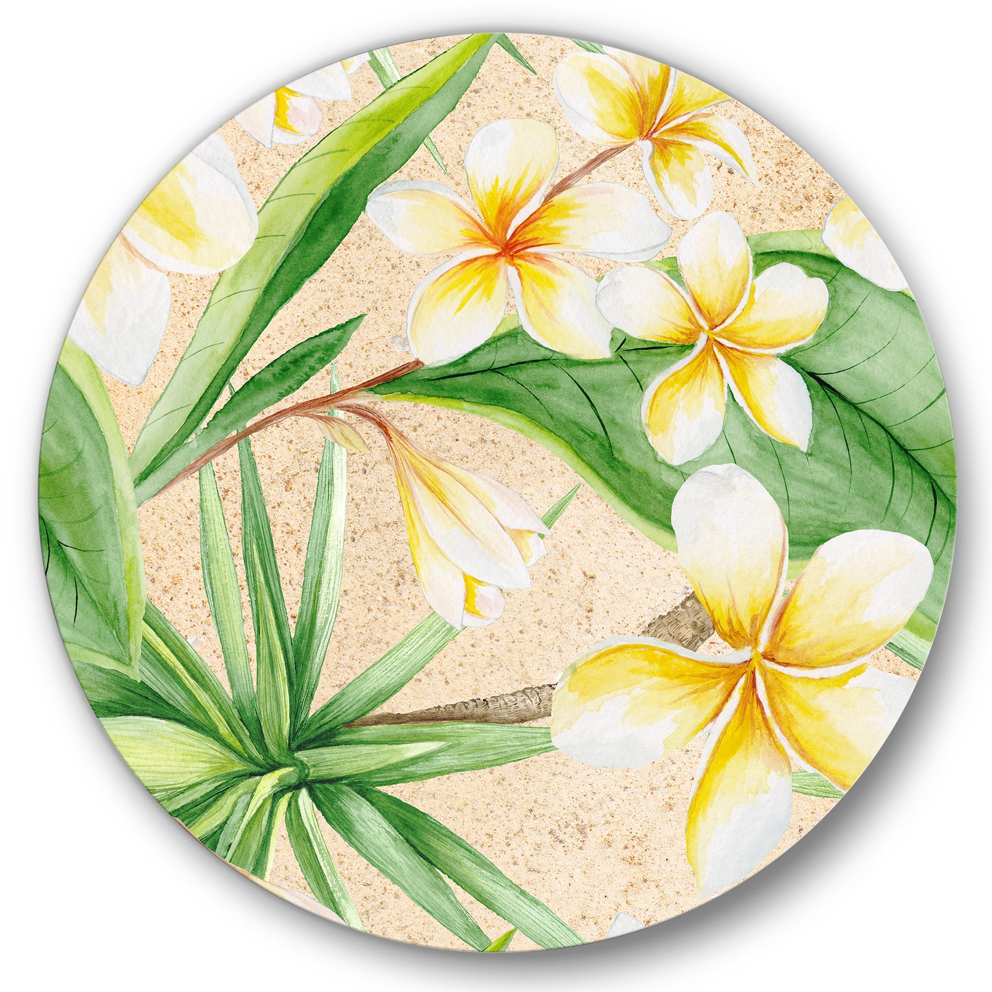 Designart 'Yellow Flowers and Tropical Foliage XI' Traditional Circle Metal Wall Art 36x36 - Disc of 36