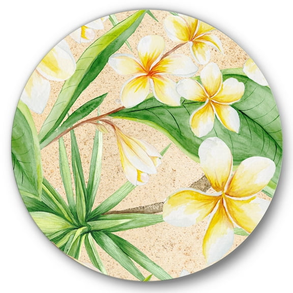 Designart 'Yellow Flowers and Tropical Foliage XI' Traditional Circle Metal Wall Art 36x36 - Disc of 36