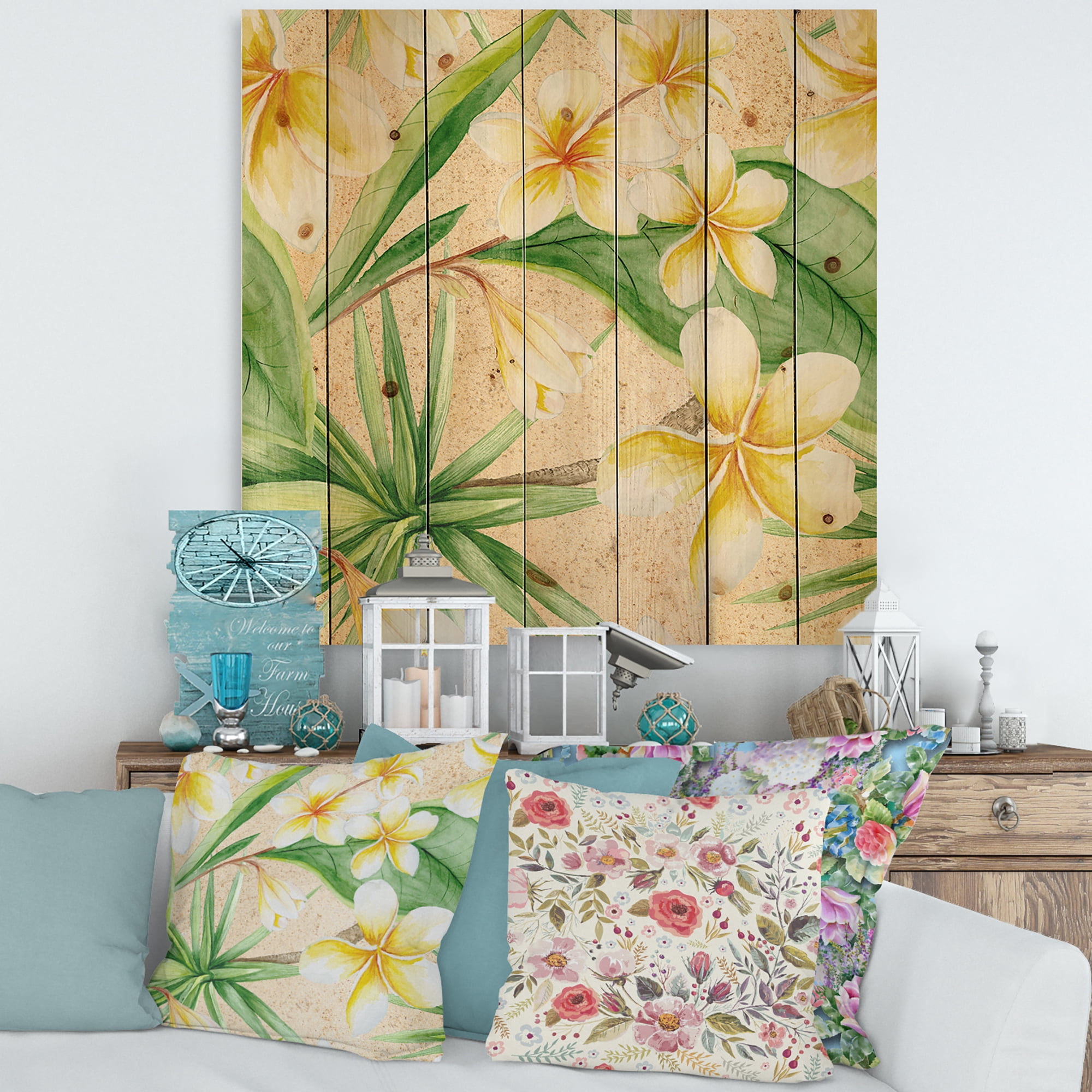 Designart 'Yellow Flowers and Tropical Foliage XI' Traditional Print on Natural Pine Wood
