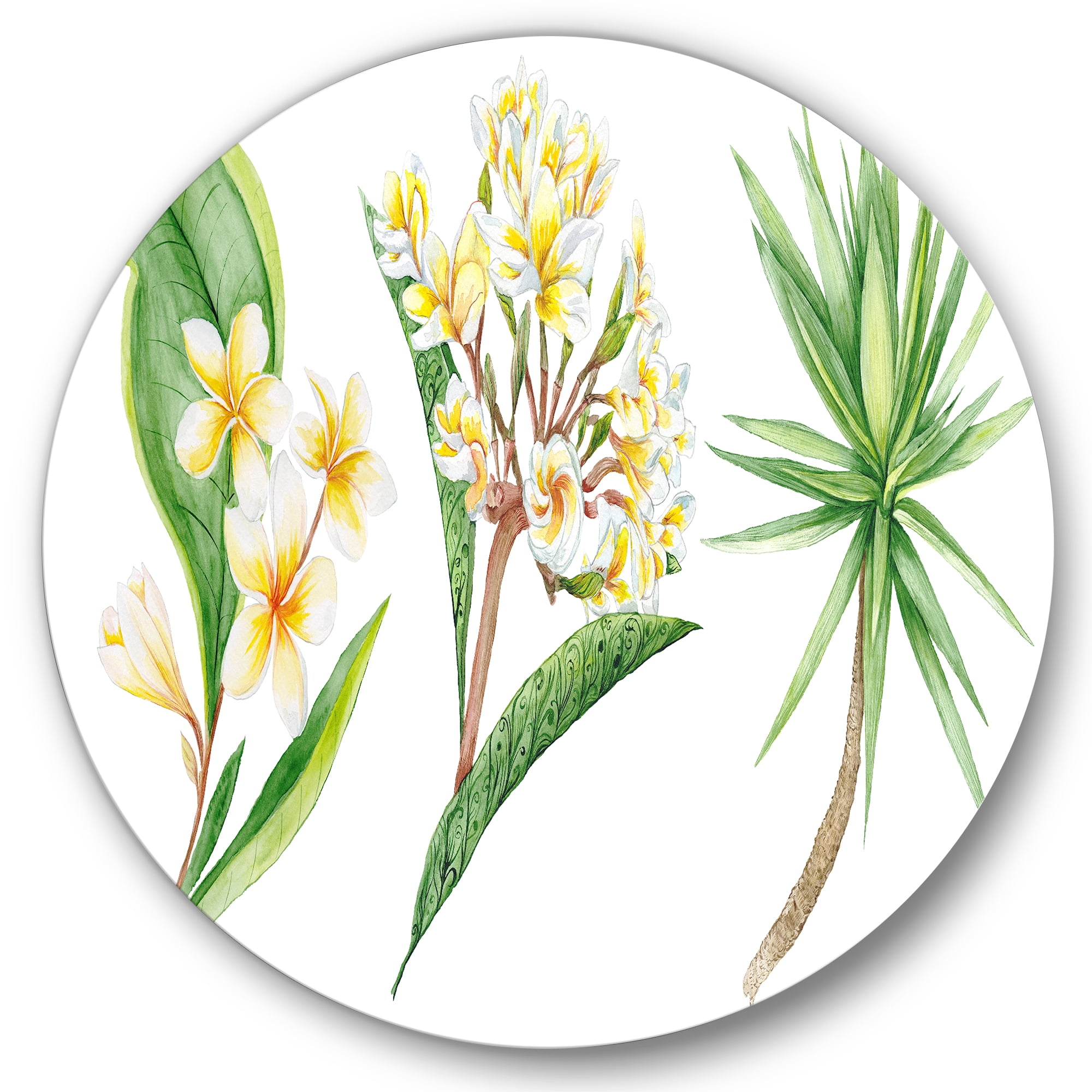 Designart 'Yellow Flowers and Tropical Foliage XII' Traditional Circle Metal Wall Art 29x29 - Disc of 29