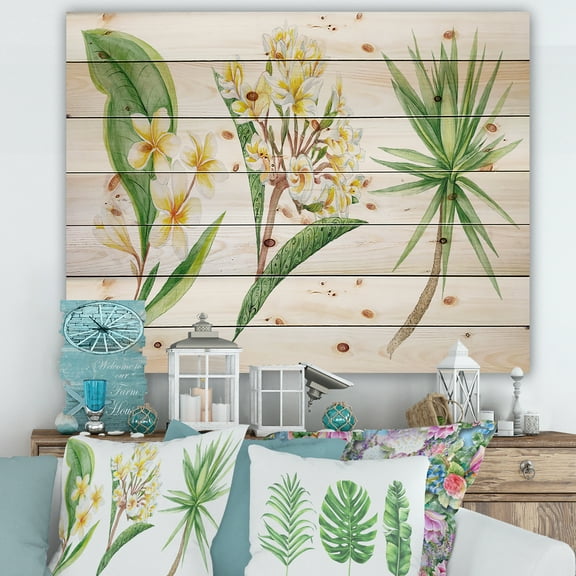 Designart 'Yellow Flowers and Tropical Foliage XII' Traditional Print on Natural Pine Wood