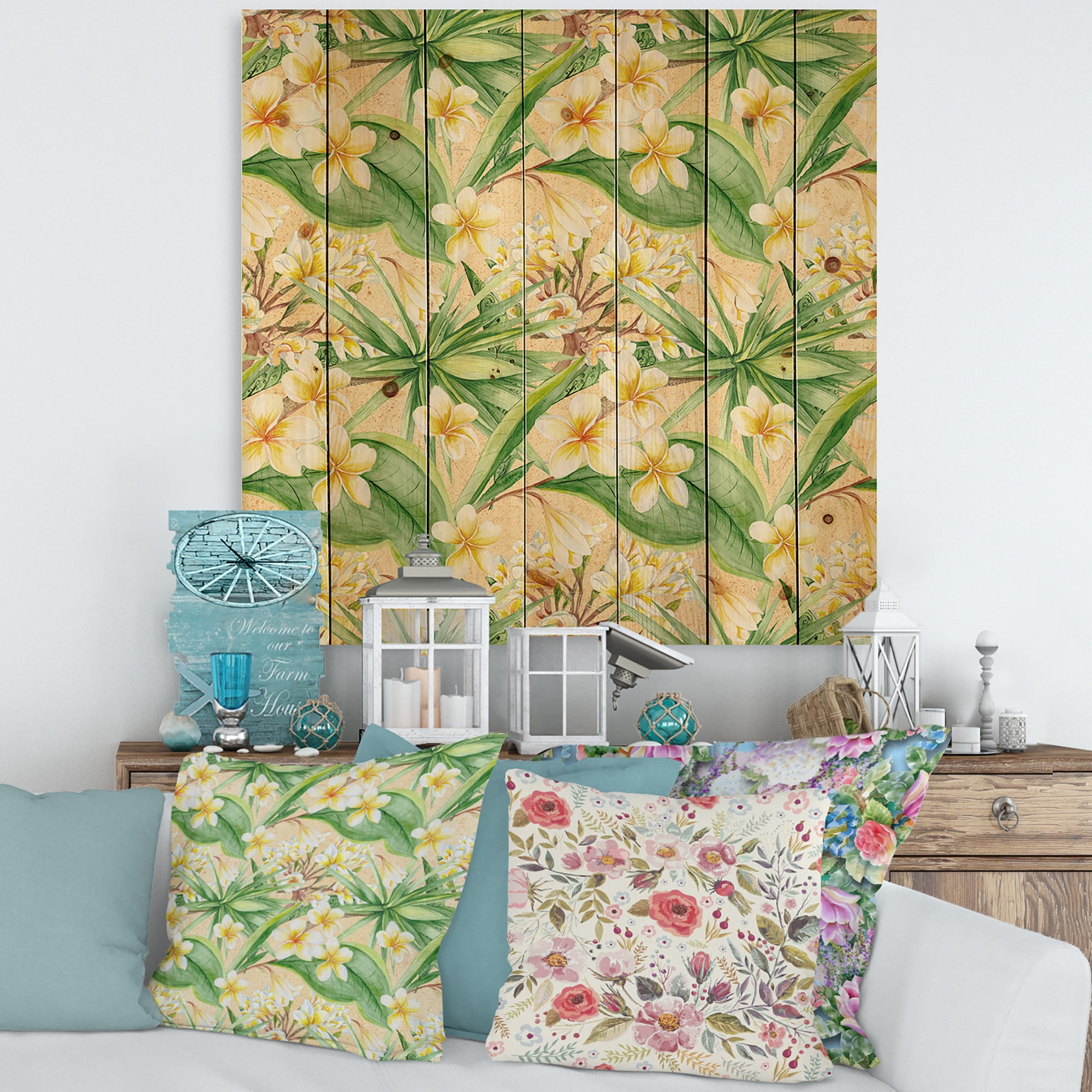 Designart 'Yellow Flowers and Tropical Foliage XIII' Modern Print on Natural Pine Wood
