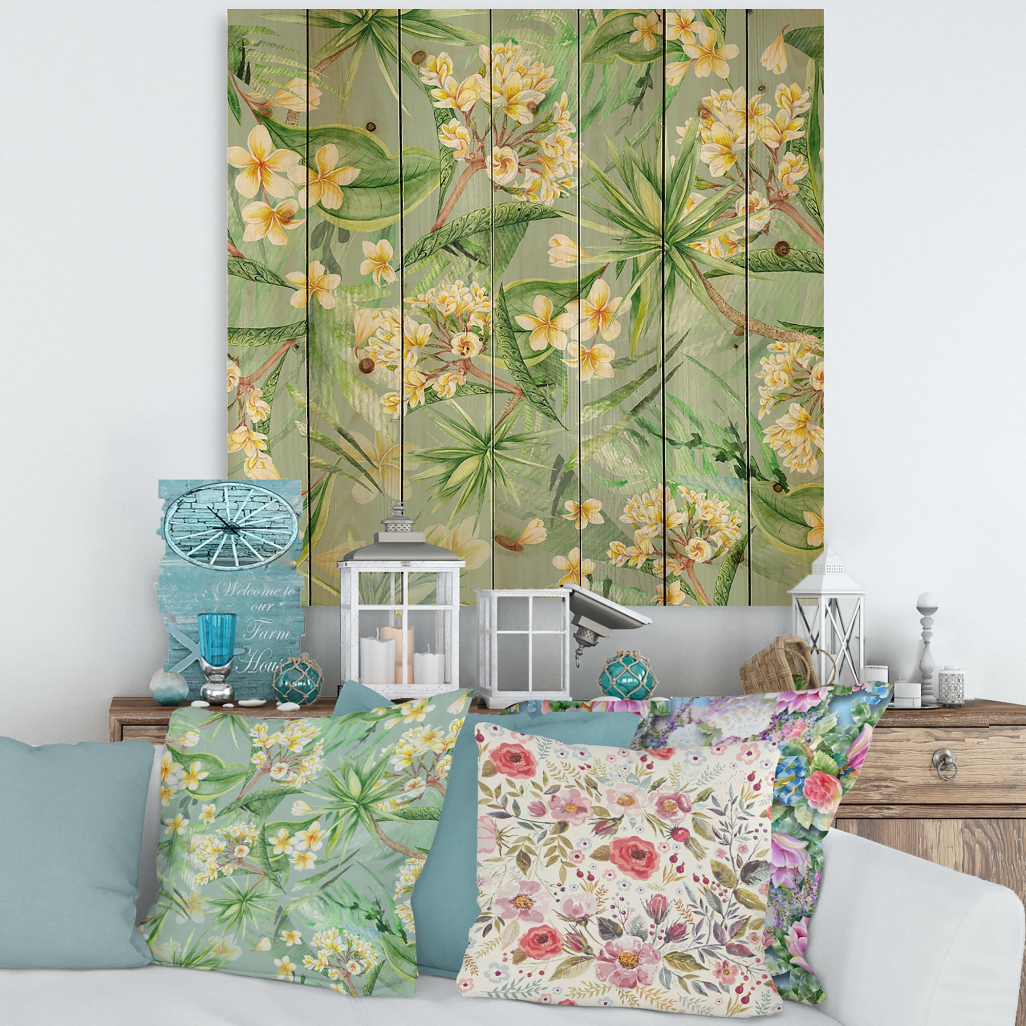 Designart 'Yellow Flowers and Tropical Foliage XIV' Modern Print on Natural Pine Wood