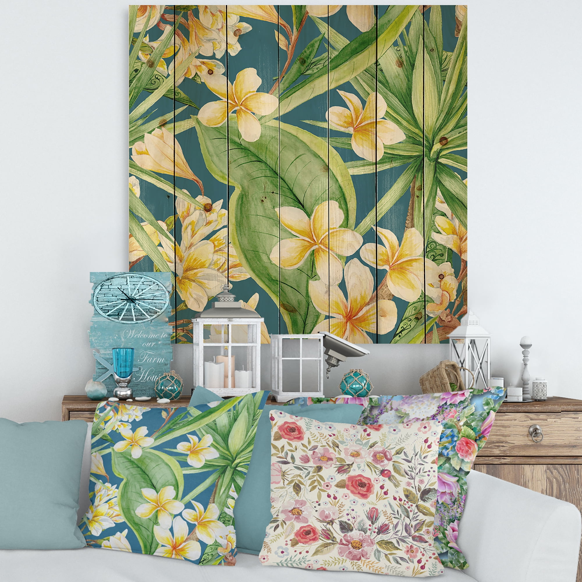 Designart 'Yellow Flowers and Tropical Foliage XV' Modern Print on Natural Pine Wood