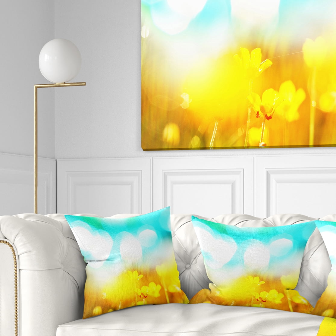 Designart Yellow Flowers on Blue Background - Flower Throw Pillow - 16x16