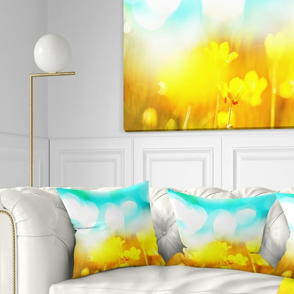 Designart Yellow Flowers on Blue Background - Flower Throw Pillow - 18x18
