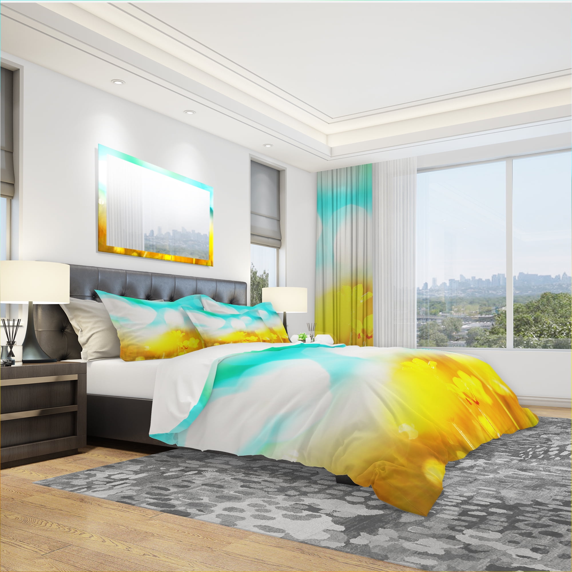 Designart 'Yellow Flowers on Blue Background' Modern & Contemporary Duvet Cover Set