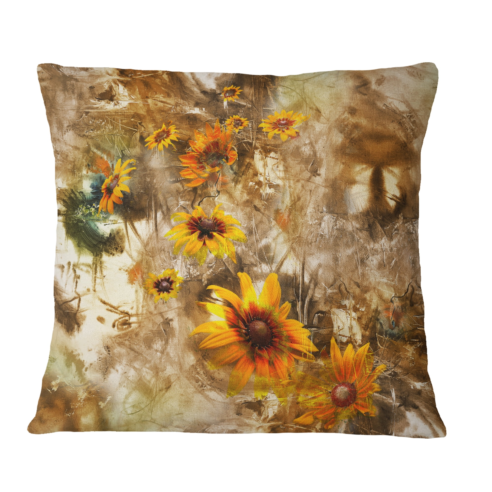 Designart Yellow Flowers with Brown Background - Floral Throw Pillow - 18x18