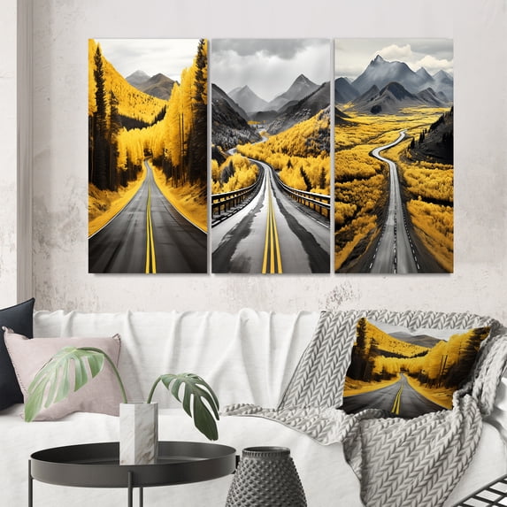 Designart "Yellow Forest Journey A Scenic Road IV" Landscape & Nature Wall Art Set Of 3 - Yellow Road Canvas Set For Living Room Decor