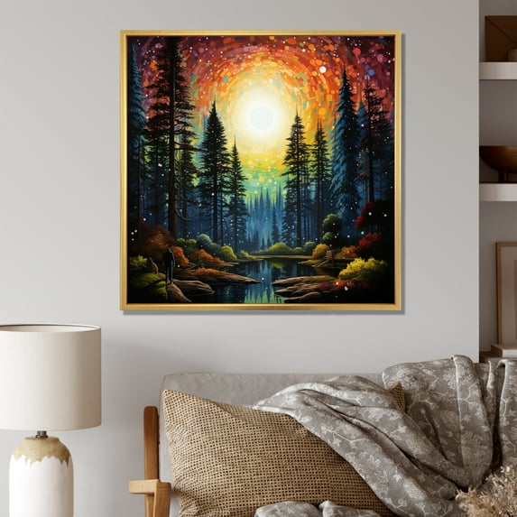 Designart "Yellow Forest magic Watchers Pointillism" Landscapes Floater Framed Canvas Wall Art