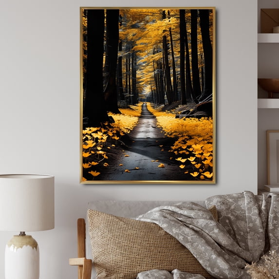 Designart "Yellow Forest silence Path" Floral Floater Framed Wall Art Living Room