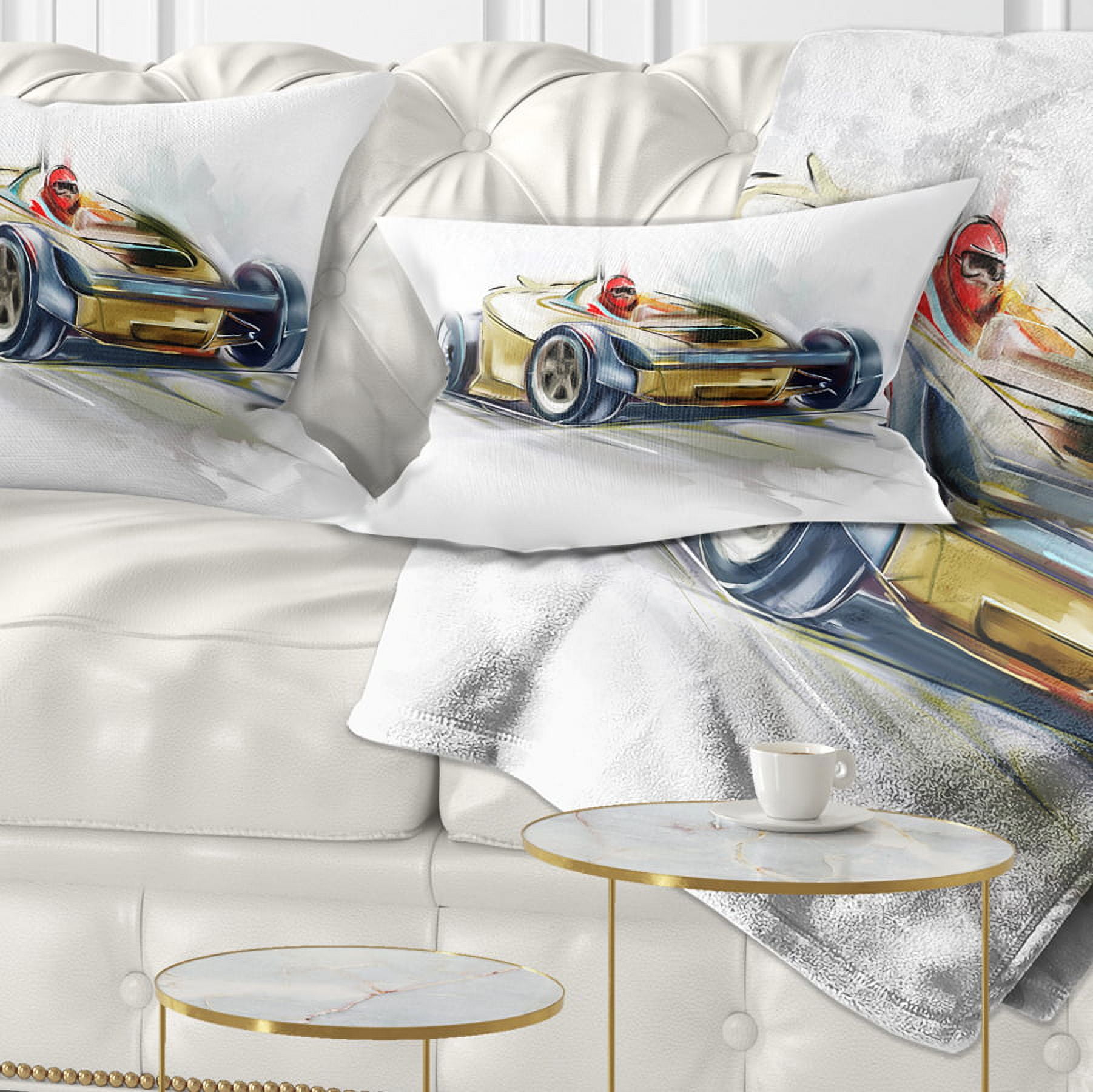 Designart Yellow Formula One Car - Digital Art Car Throw Pillow - 12x20