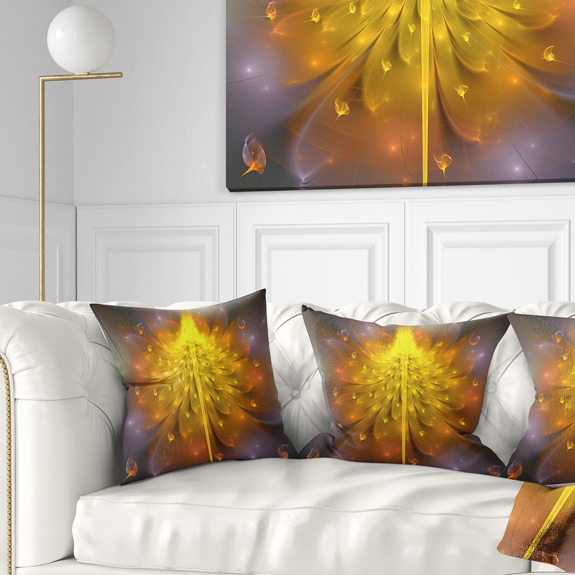 Designart Yellow Fractal Flower with Pink - Floral Throw Pillow - 18x18